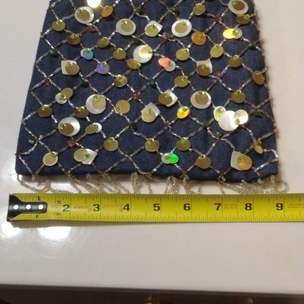 Purse-Tote Denim Jeans Blue Wooden Handle Hand Sewn Argyle Beaded Sequin Design - Picture 9 of 12